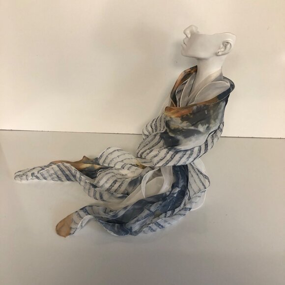 Dual White Sheer Lightweight Scarf with Blue Beige Abstract Pattern 10x92 inch - Picture 4 of 6